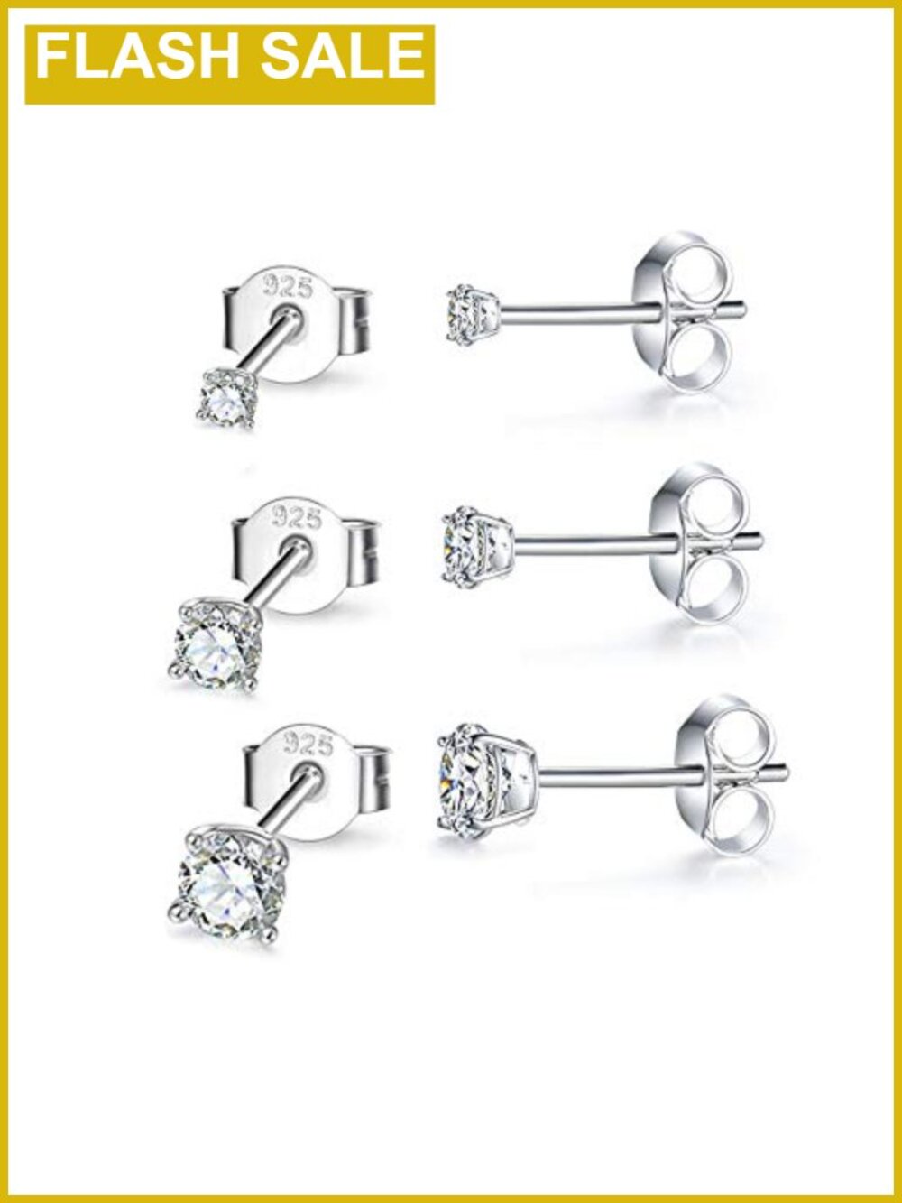 Sterling Silver Cubic Zirconia Stud Earrings Set Hypoallergenic 14K White Gold